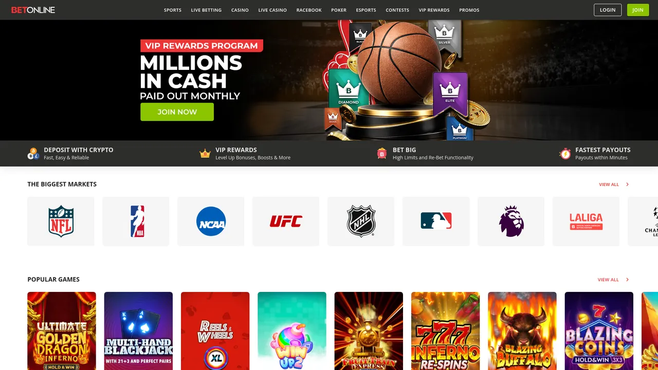 BetOnline real money casino homepage with bonus offers and game lobby